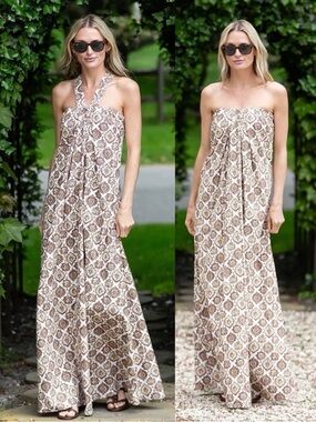 Julia Amory Elle Convertible Halter Maxi Poplin Dress Brown Printed Size XS
